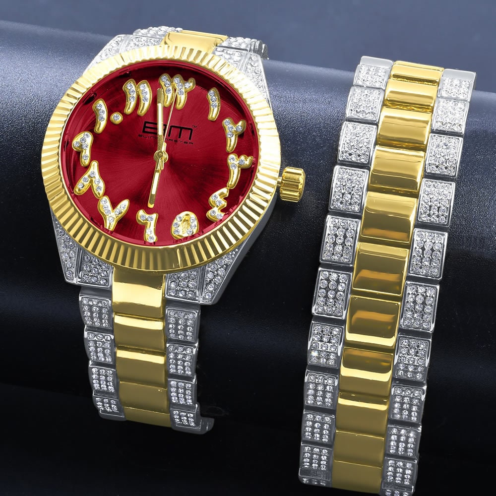 Mens Arabic Numeral Face Ruby Red Face Dial Watch Matching Bracelet Gift Set 2 Tone Gold Finish