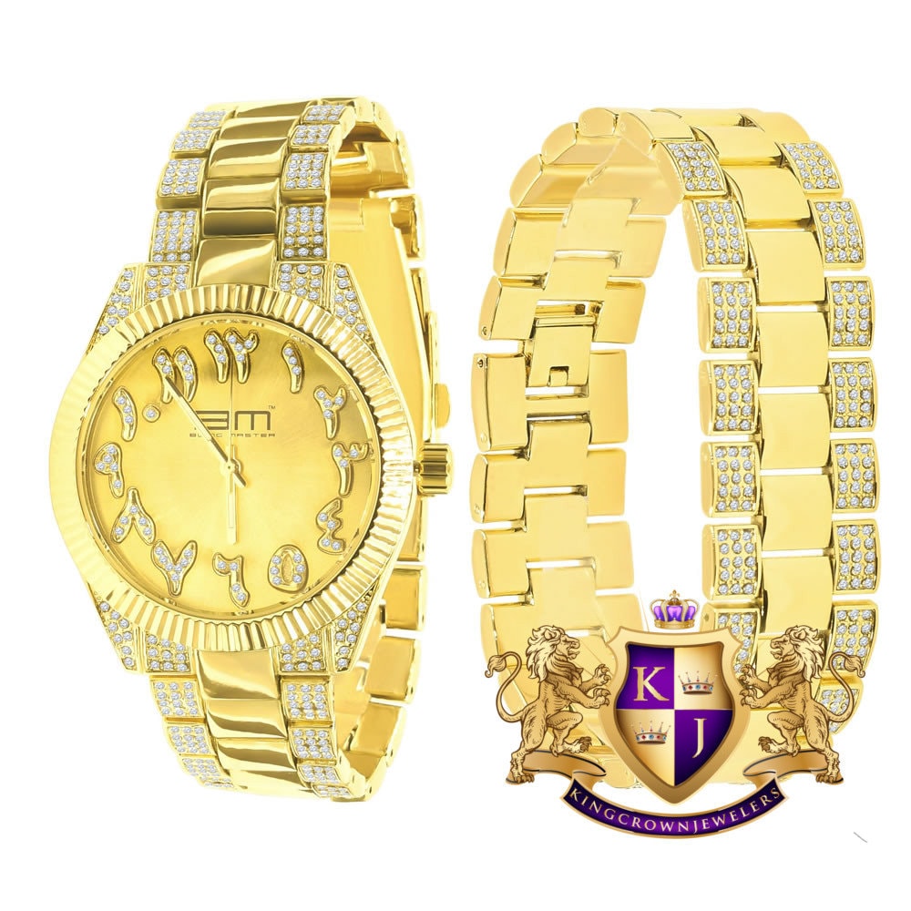 Mens Arabic Numeral Face Dial Watch Matching Bracelet Gift Set 14K Yellow  Gold Finish