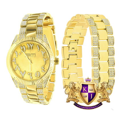 Mens Arabic Numeral Face Dial Watch Matching Bracelet Gift Set 14K Yellow  Gold Finish