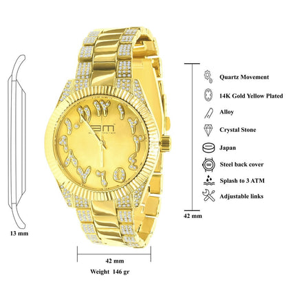 Mens Arabic Numeral Face Dial Watch Matching Bracelet Gift Set 14K Yellow  Gold Finish
