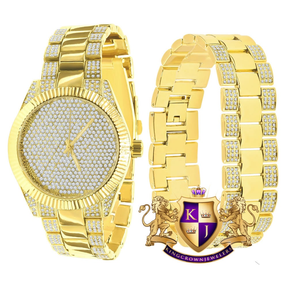 Mens Custom Elegant 14K Yellow Gold Finish Simulated Diamond Designer Ice Watch Bracelet Gift Set