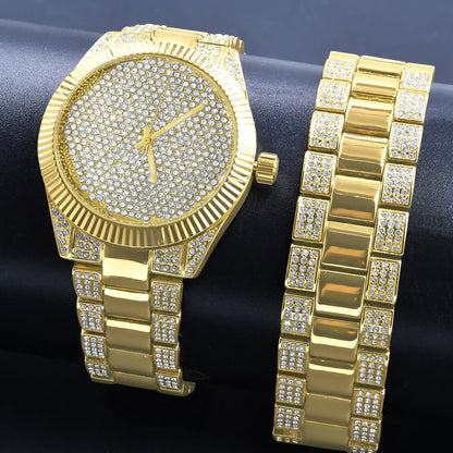 Mens Custom Elegant 14K Yellow Gold Finish Simulated Diamond Designer Ice Watch Bracelet Gift Set