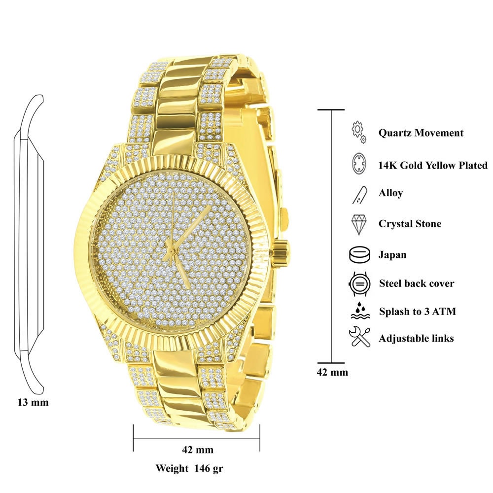 Mens Custom Elegant 14K Yellow Gold Finish Simulated Diamond Designer Ice Watch Bracelet Gift Set