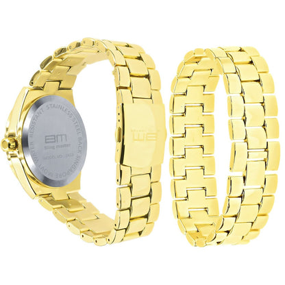 Mens Custom Elegant 14K Yellow Gold Finish Simulated Diamond Designer Ice Watch Bracelet Gift Set