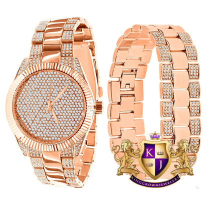 Mens Custom Elegant 14K Rose Gold Finish Simulated Diamond Designer Ice Watch Bracelet Gift Set