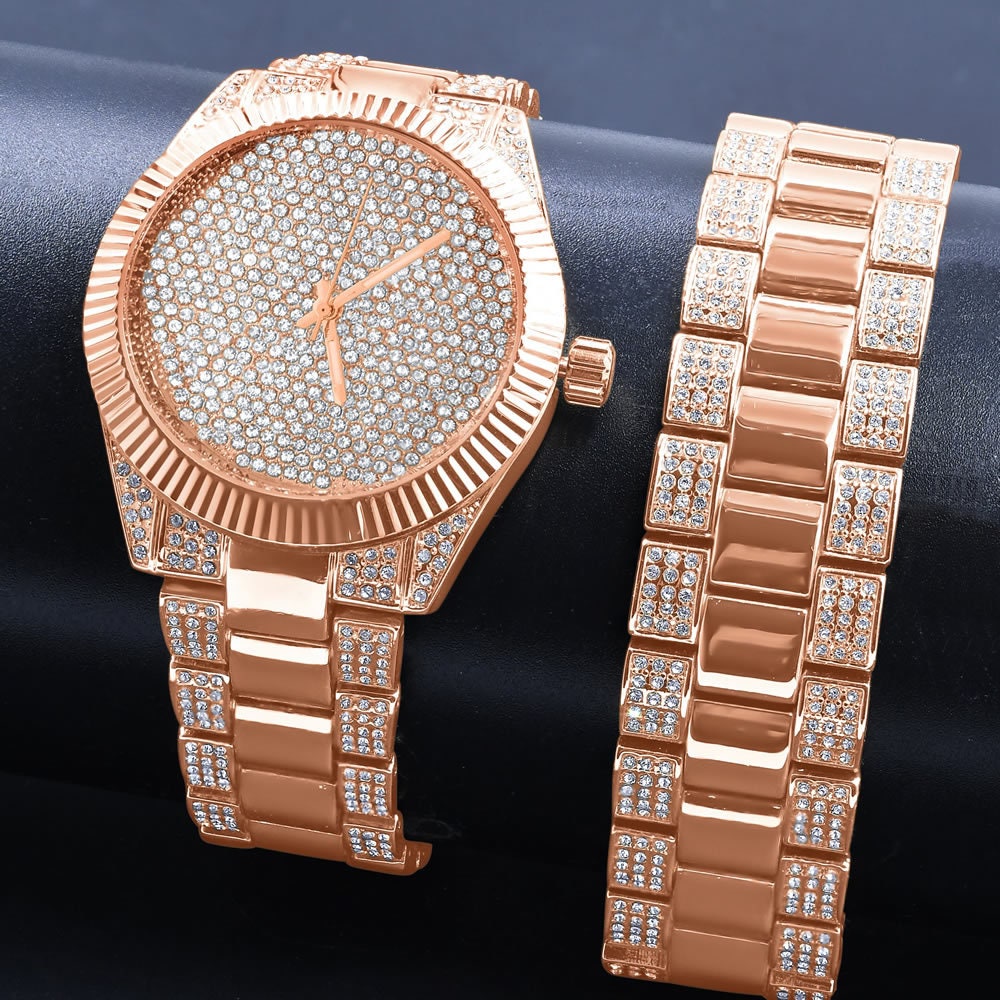 Mens Custom Elegant 14K Rose Gold Finish Simulated Diamond Designer Ice Watch Bracelet Gift Set