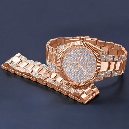 Mens Custom Elegant 14K Rose Gold Finish Simulated Diamond Designer Ice Watch Bracelet Gift Set