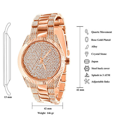 Mens Custom Elegant 14K Rose Gold Finish Simulated Diamond Designer Ice Watch Bracelet Gift Set