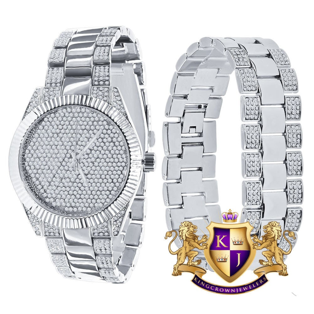 Mens Custom Elegant 14K White Gold Finish Simulated Diamond Designer Ice Watch Bracelet Gift Set
