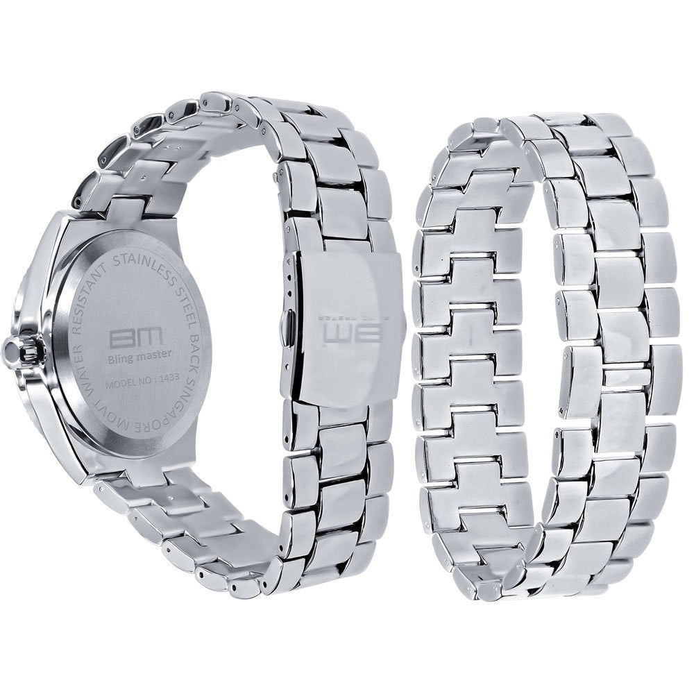 Mens Custom Elegant 14K White Gold Finish Simulated Diamond Designer Ice Watch Bracelet Gift Set