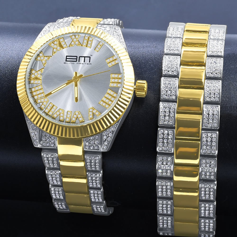 Roman Numeral Face Silver Dial Watch Matching Bracelet Gift Set 14K 2 Tone Gold Finish