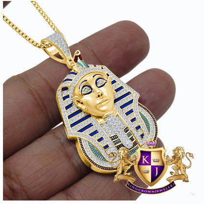 25 + Grams Real Genuine Sterling Silver 2.00 Cwt. Simulated Diamond Multi Tone 14K Gold On Egyptian Pharaoh King Tut Pendant Charm Chain Set