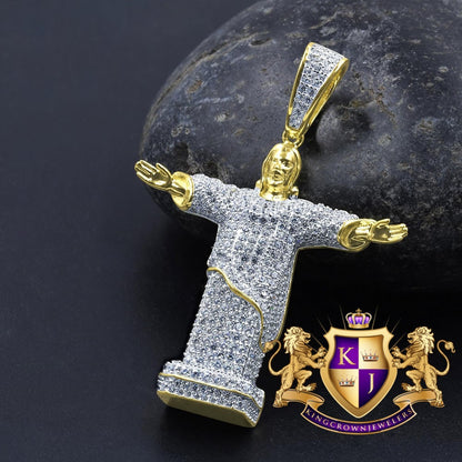 Real Genuine Sterling Silver Simulated Diamond Holy Jesus Full Body 3D Pendant Diamond Charm Chain Set