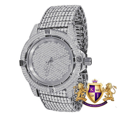 Mens 10 Row Custom Band Iced Out Dial Simulated Diamond White  Gold Tone Joe Rodeo Jojino Watch