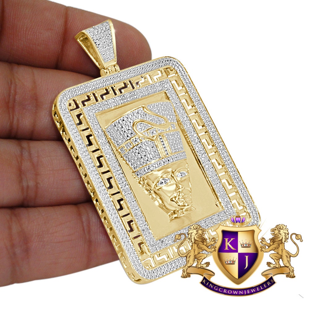 30+ Grams Real Genuine Authentic Natural Diamonds Frame Pendant 10K Gold Over Egyptian Queen Nefertiti Pharaoh Greek Style Charm 2.5''