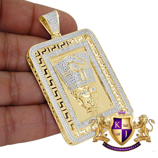 30+ Grams Real Genuine Authentic Natural Diamonds Frame Pendant 10K Gold Over Egyptian Queen Nefertiti Pharaoh Greek Style Charm 2.5''