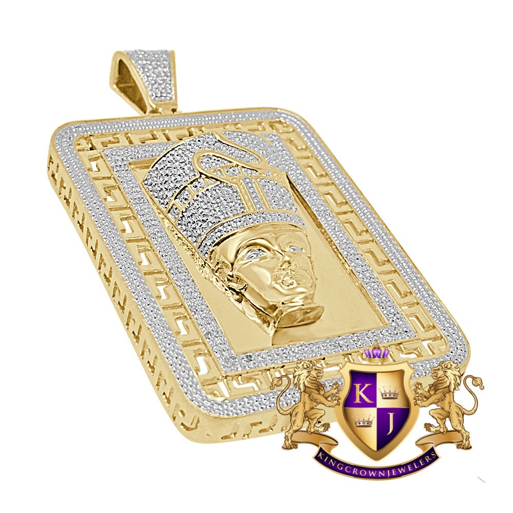 30+ Grams Real Genuine Authentic Natural Diamonds Frame Pendant 10K Gold Over Egyptian Queen Nefertiti Pharaoh Greek Style Charm 2.5''