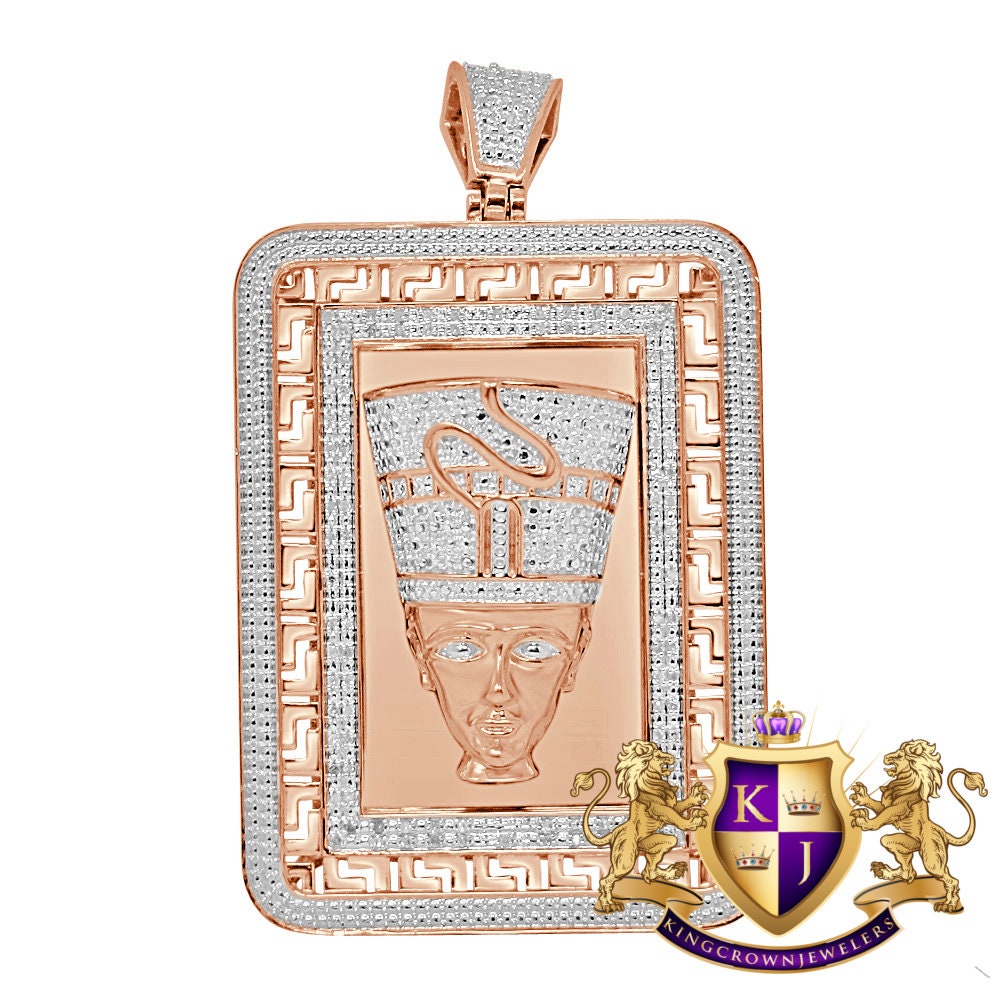 Real Genuine Diamonds Frame Pendent Egyptian Queen Nefertiti Pharaoh Greek Style Charm 10K Rose Gold Finish 2.5''