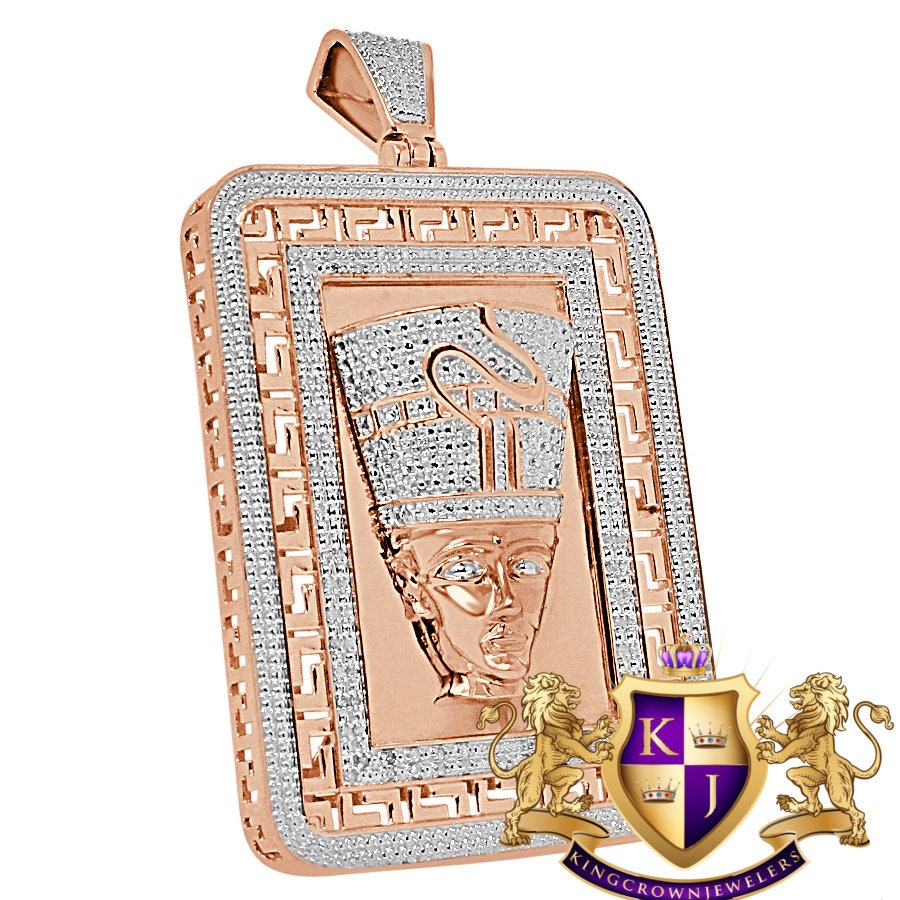 Real Genuine Diamonds Frame Pendent Egyptian Queen Nefertiti Pharaoh Greek Style Charm 10K Rose Gold Finish 2.5''