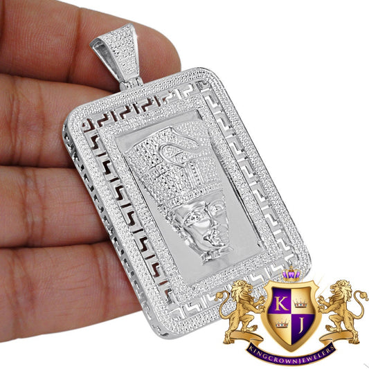 Real Genuine Diamonds Frame Pendent Egyptian Queen Nefertiti Pharaoh Greek Style Charm 10K White Gold Finish 2.5''