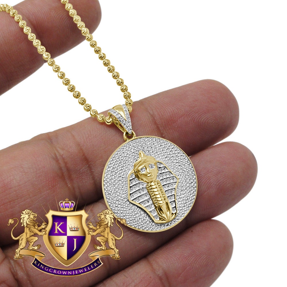 Real Genuine Diamond Egyptian Pharaoh King Tut Charm Pendent Chain Set 10K Yellow Gold Finish