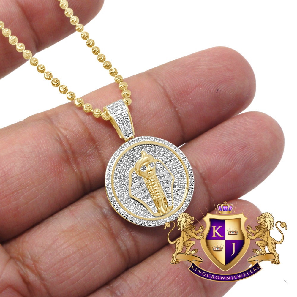 Genuine Diamond 0.75 Ctw Egyptian Pharaoh Mini Charm Chain Pendent Yellow Gold Finish