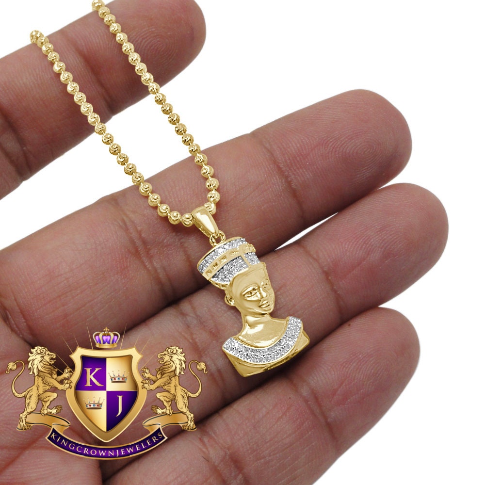 Real Diamond Egyptian Queen Nefertiti Mini Charm Pendent Chain Set 10K Yellow Gold Finish