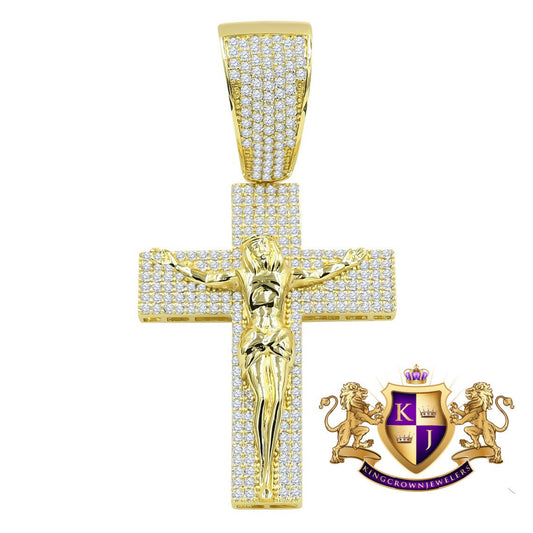 14K Yellow Gold On Real Sterling Silver Simulated Diamond Jesus Crucifix Cross Charm Pendant 2.85''