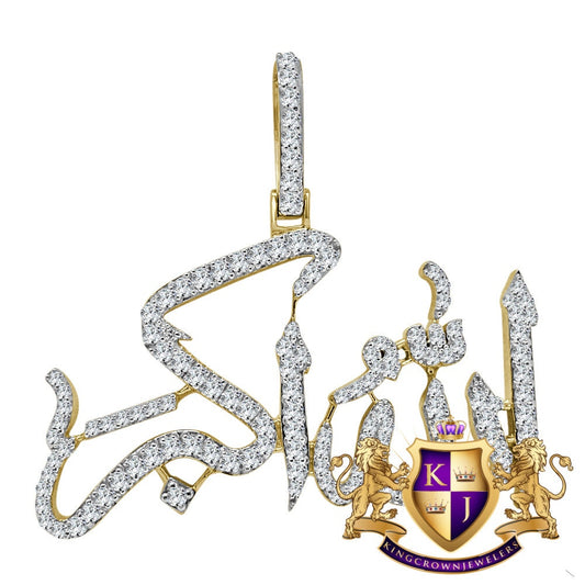 14K Yellow Gold On Real Sterling Silver Allahu Akbar Muslim Pendant Simulated Diamond Islamic Arabic Charm