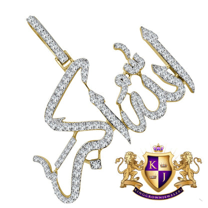 14K Yellow Gold On Real Sterling Silver Allahu Akbar Muslim Pendant Simulated Diamond Islamic Arabic Charm