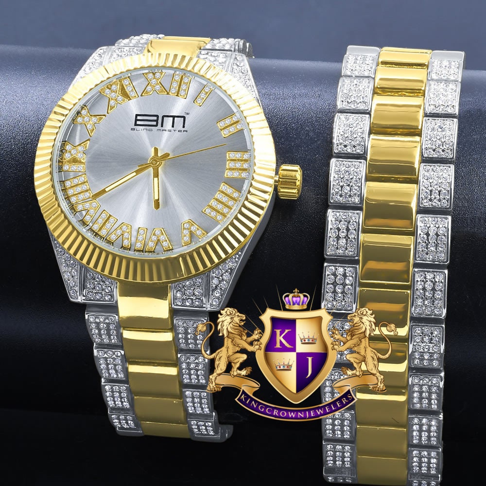 Mens Silver Face Roman Numeral Dial Watch Matching Bracelet Gift Set 2 Tone Gold Finish