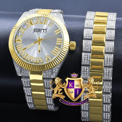 Mens Silver Face Roman Numeral Dial Watch Matching Bracelet Gift Set 2 Tone Gold Finish