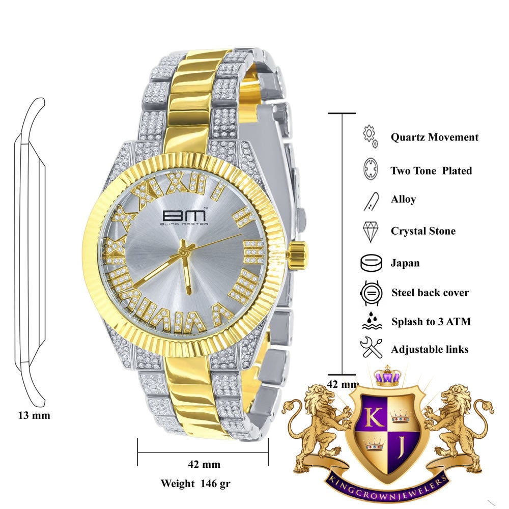 Mens Silver Face Roman Numeral Dial Watch Matching Bracelet Gift Set 2 Tone Gold Finish