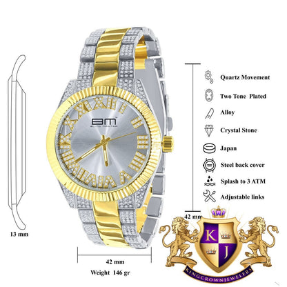 Mens Silver Face Roman Numeral Dial Watch Matching Bracelet Gift Set 2 Tone Gold Finish