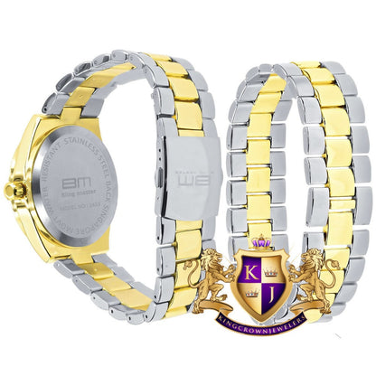 Mens Black Face Roman Numeral Dial Watch Matching Bracelet Gift Set 2 Tone Gold Finish