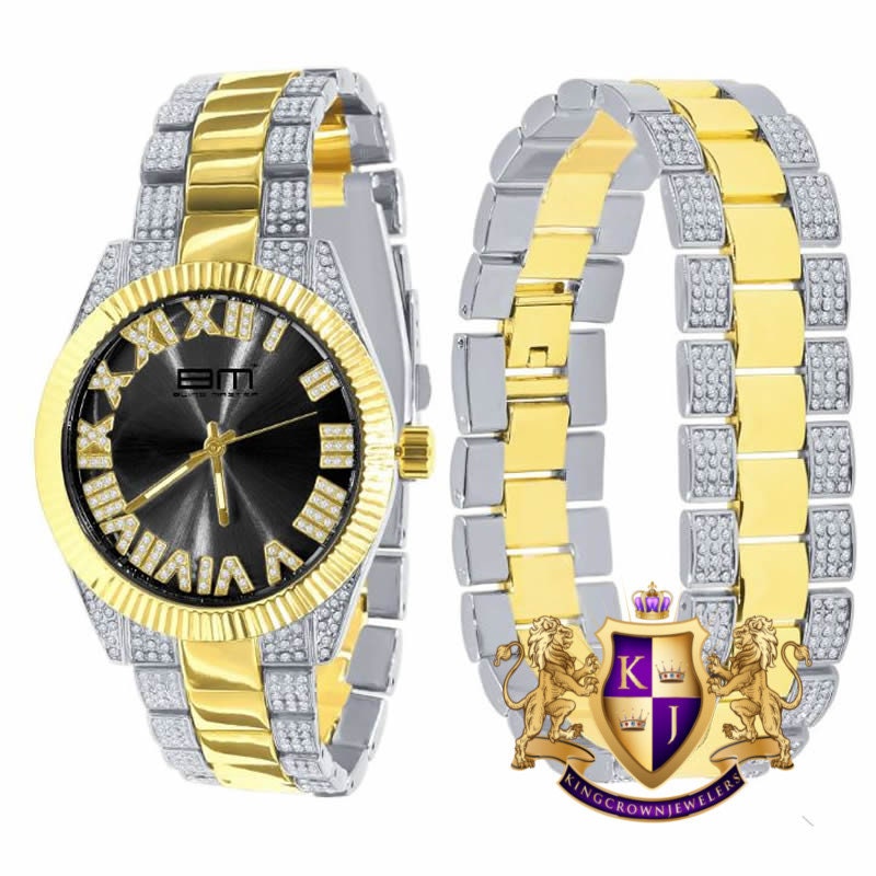 Mens Black Face Roman Numeral Dial Watch Matching Bracelet Gift Set 2 Tone Gold Finish