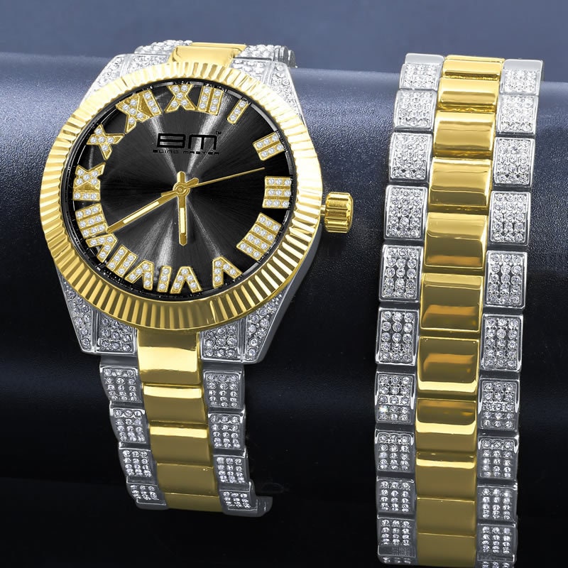 Mens Black Face Roman Numeral Dial Watch Matching Bracelet Gift Set 2 Tone Gold Finish