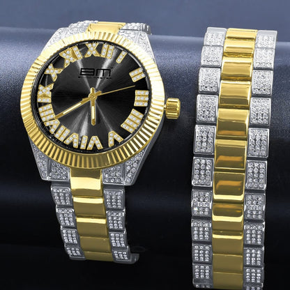 Mens Black Face Roman Numeral Dial Watch Matching Bracelet Gift Set 2 Tone Gold Finish