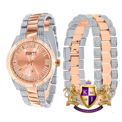 Mens  Roman Numeral Dial Face Watch Matching Bracelet Gift Set 2 Tone Rose Gold Finish