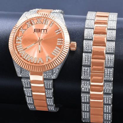 Mens  Roman Numeral Dial Face Watch Matching Bracelet Gift Set 2 Tone Rose Gold Finish