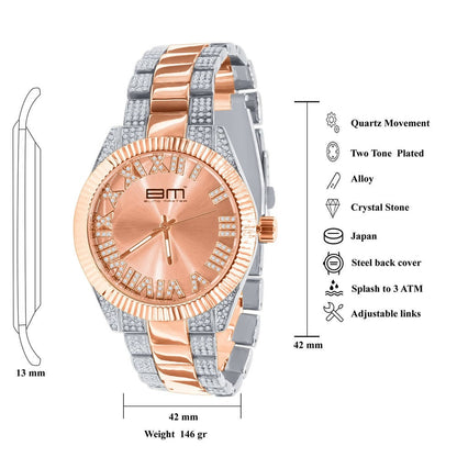 Mens  Roman Numeral Dial Face Watch Matching Bracelet Gift Set 2 Tone Rose Gold Finish