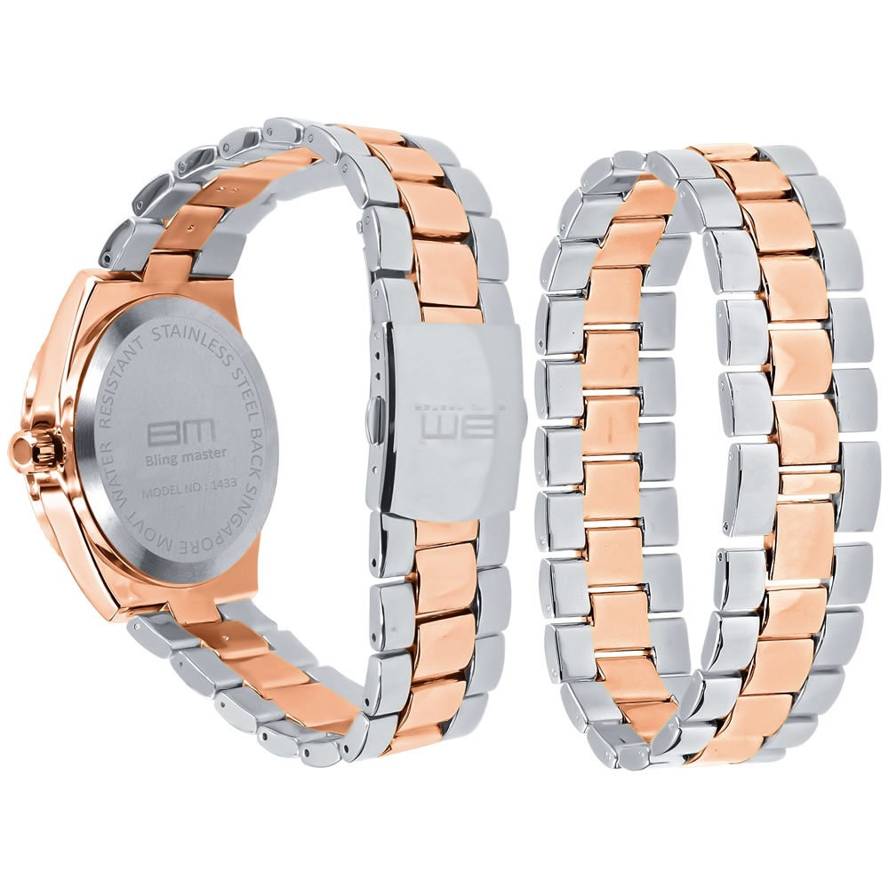 Mens  Roman Numeral Dial Face Watch Matching Bracelet Gift Set 2 Tone Rose Gold Finish