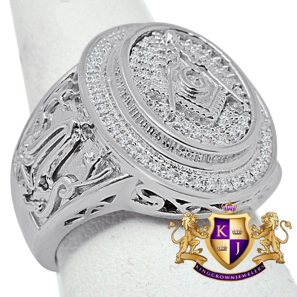 Mens Real Genuine Diamond Masonic Free Mason G Compass Pinky Ring Band 10K White Gold Finish