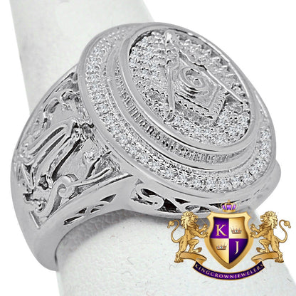 Mens Real Genuine Diamond Masonic Free Mason G Compass Pinky Ring Band 10K White Gold Finish
