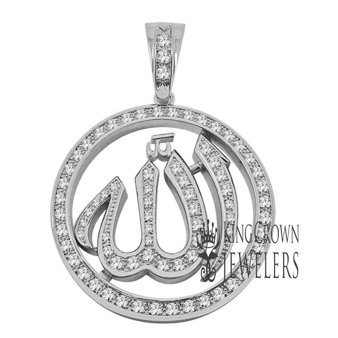 XL 2.5'' Real Genuine White Gold Sterling Silver Allah God Muslim Medallion Simulated Diamond Pendent Charm