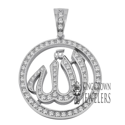 XL 2.5'' Real Genuine White Gold Sterling Silver Allah God Muslim Medallion Simulated Diamond Pendent Charm