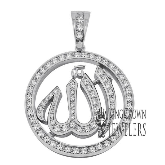 XL 2.5'' Real Genuine White Gold Sterling Silver Allah God Muslim Medallion Simulated Diamond Pendent Charm