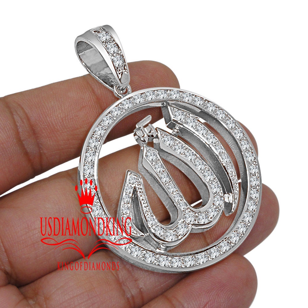 XL 2.5'' Real Genuine White Gold Sterling Silver Allah God Muslim Medallion Simulated Diamond Pendent Charm
