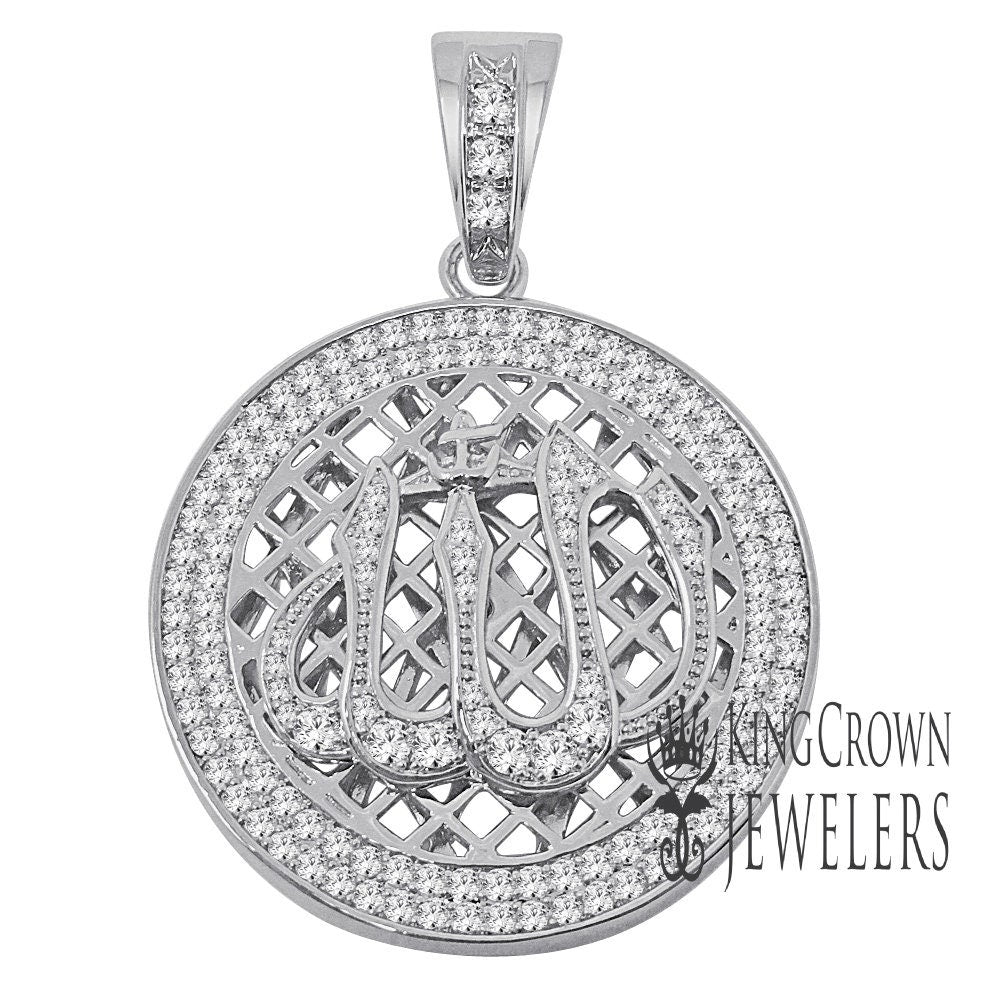 Real Genuine Sterling Silver 10K White Gold Finish Lab Diamonds Allah Islamic Pendent Charm Medallion 2.5''