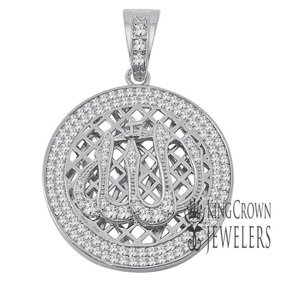 Real Genuine Sterling Silver 10K White Gold Finish Lab Diamonds Allah Islamic Pendent Charm Medallion 2.5''